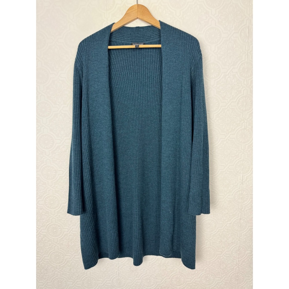 Eileen Fisher 100% Extra Fine Merino Wool Ribbed Open Front Cardigan Large Teal